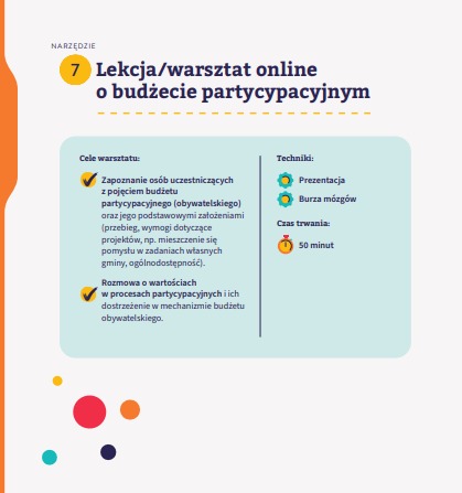 Narzędzie 7: Lekcja/warsztat online o budżecie partycypacyjnym